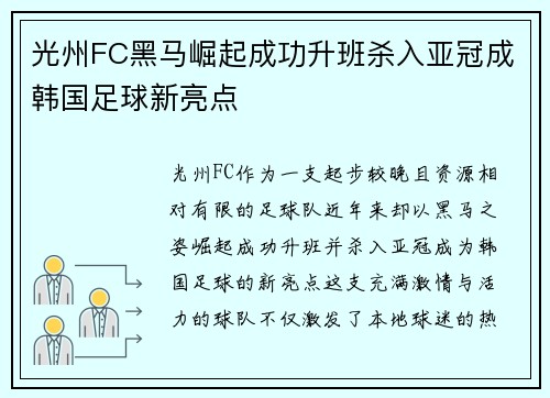 光州FC黑马崛起成功升班杀入亚冠成韩国足球新亮点 光州FC黑马崛起成功升班杀入亚冠成韩国足球新亮点